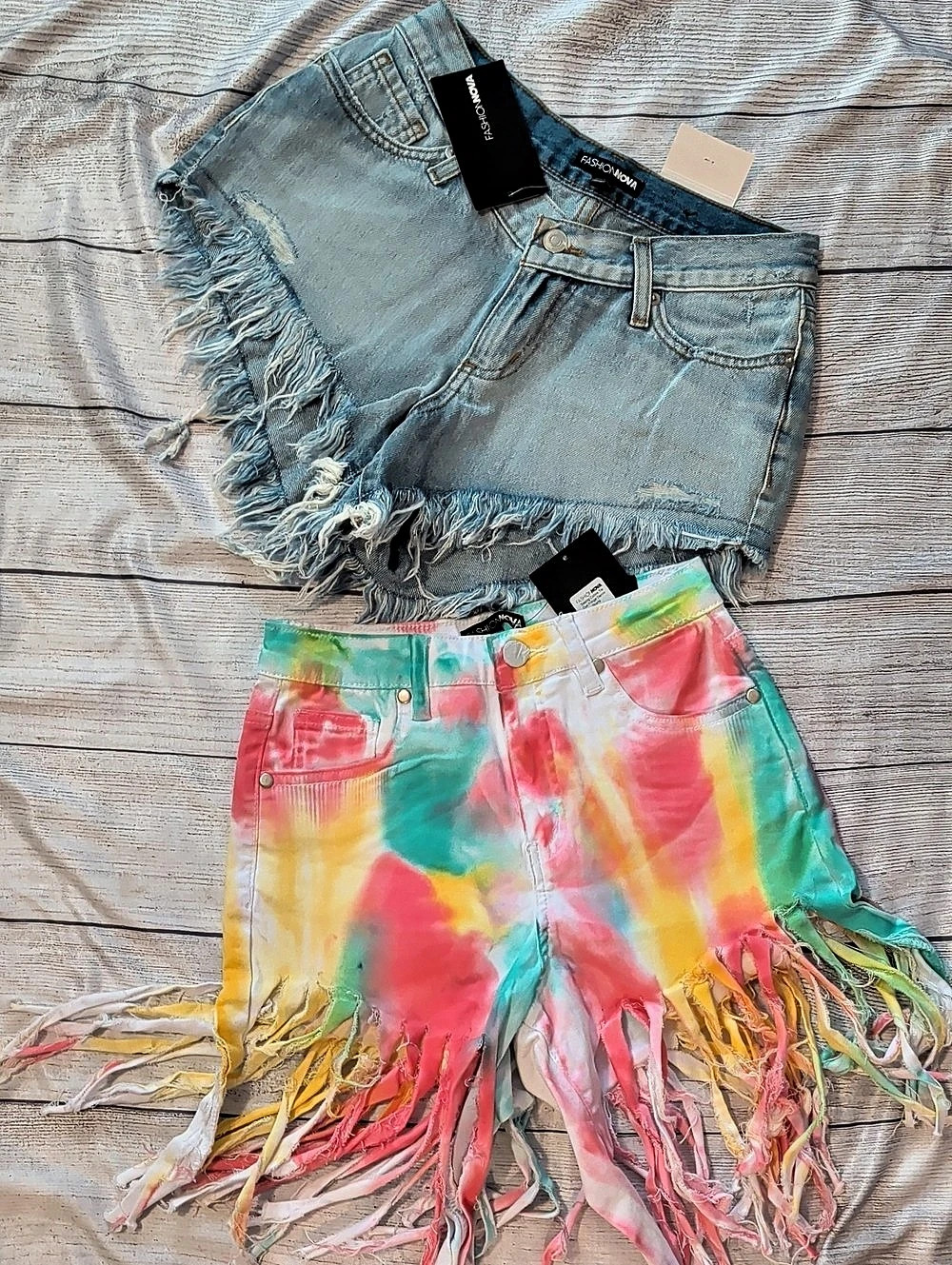 Fashion Nova Denim Cutoff & Tie-Dye Fringe Shorts